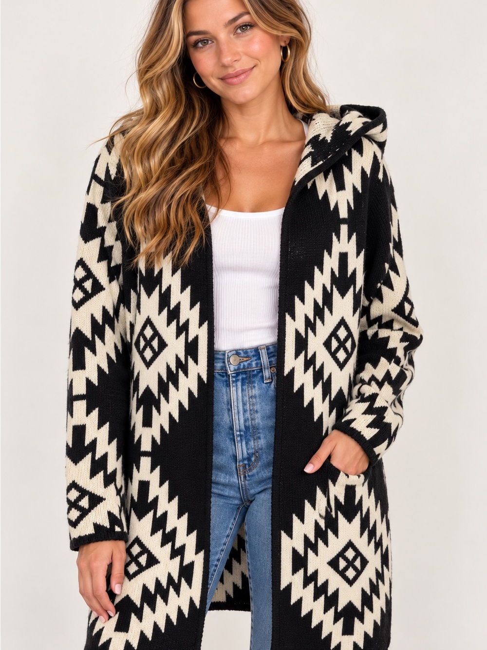 Bongo Black & Cream Geometric Hooded Knit Cardigan Sweater Aztec Boho Western XL